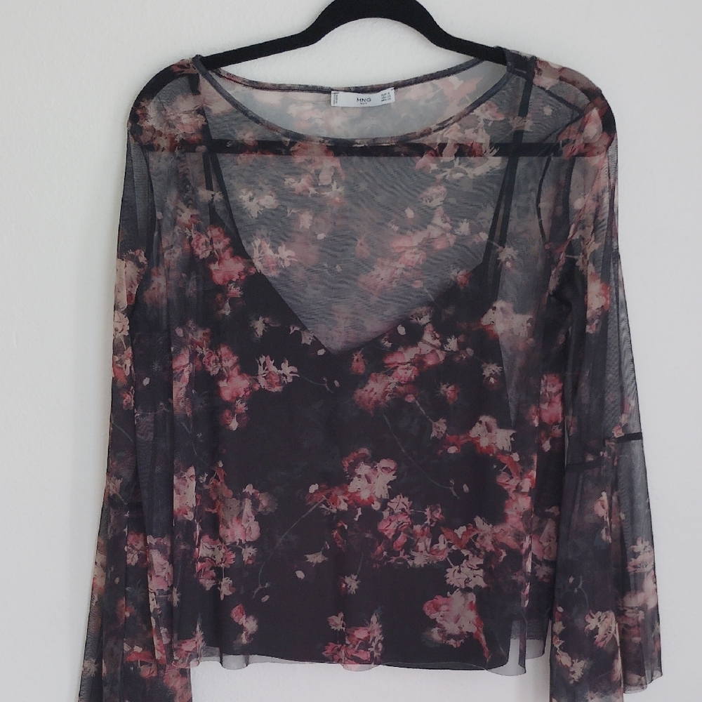 MNG Womens Sheer Mesh Overlay Dark Floral Top Sz XS Bell Sleeves Fairy Goth Boho